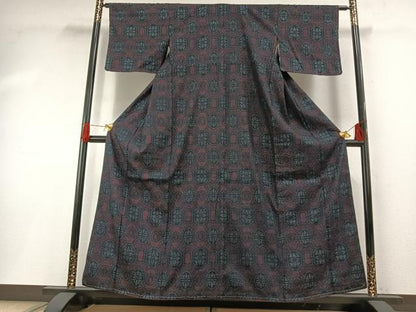 平和屋着物●結城紬　80亀甲　吉祥花文　正絹　逸品　AABH0553fy