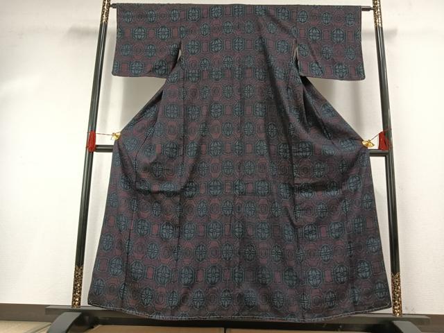 平和屋着物●結城紬　80亀甲　吉祥花文　正絹　逸品　AABH0553fy
