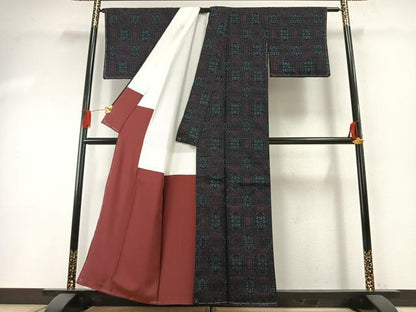 平和屋着物●結城紬　80亀甲　吉祥花文　正絹　逸品　AABH0553fy