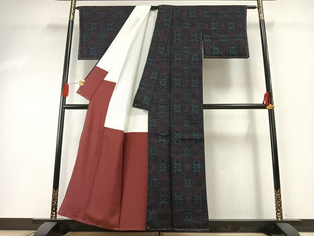 平和屋着物●結城紬　80亀甲　吉祥花文　正絹　逸品　AABH0553fy