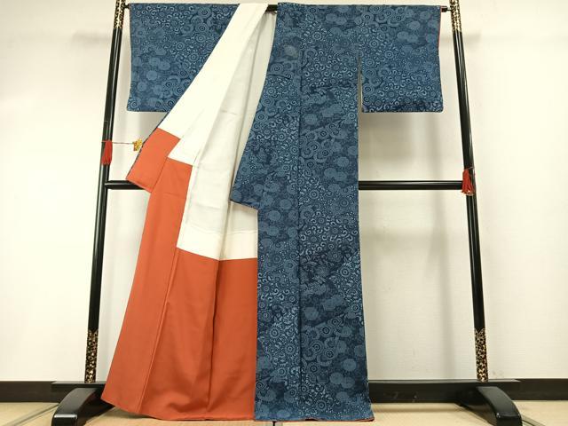 平和屋着物●阿波藍染　阿波友禅　徳島県無形文化財保持者　香川卓美　小紋　型染め　切嵌花文　鬼しぼ縮緬　正絹　逸品　AABH0560fy
