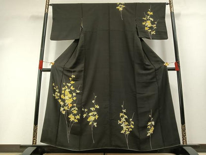 平和屋着物●訪問着　手描き　枝花文　黒地　正絹　逸品　AABH0570fy