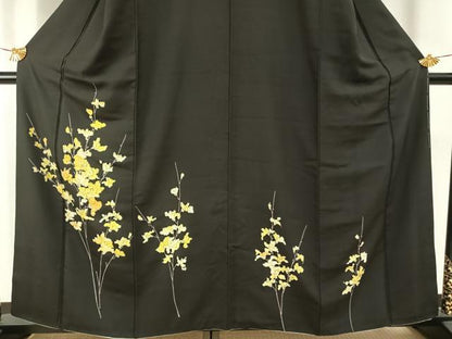 平和屋着物●訪問着　手描き　枝花文　黒地　正絹　逸品　AABH0570fy