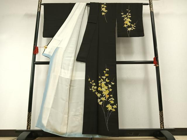 平和屋着物●訪問着　手描き　枝花文　黒地　正絹　逸品　AABH0570fy