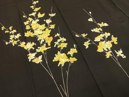 平和屋着物●訪問着　手描き　枝花文　黒地　正絹　逸品　AABH0570fy