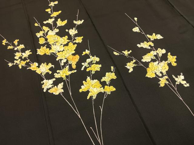 平和屋着物●訪問着　手描き　枝花文　黒地　正絹　逸品　AABH0570fy