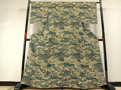 平和屋着物●上質な小紋　藍　型染め　風景文　正絹　逸品　AABH0584fy