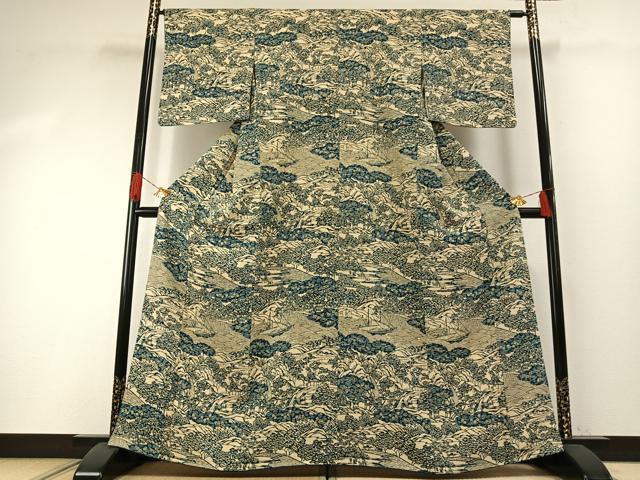 平和屋着物●上質な小紋　藍　型染め　風景文　正絹　逸品　AABH0584fy
