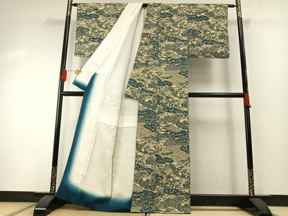 平和屋着物●上質な小紋　藍　型染め　風景文　正絹　逸品　AABH0584fy