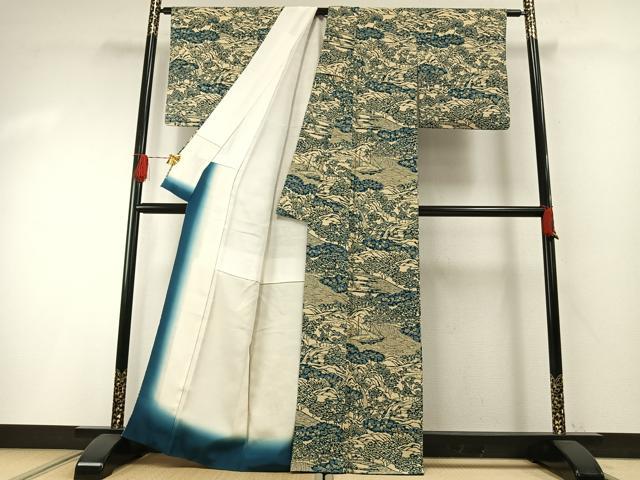 平和屋着物●上質な小紋　藍　型染め　風景文　正絹　逸品　AABH0584fy