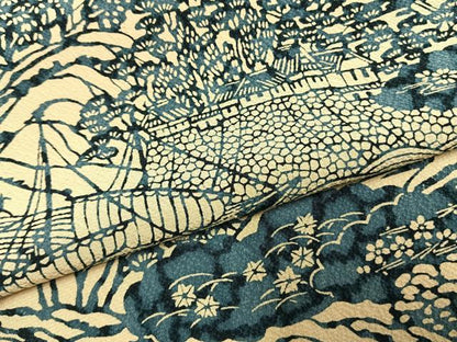 平和屋着物●上質な小紋　藍　型染め　風景文　正絹　逸品　AABH0584fy