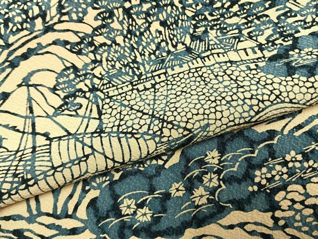 平和屋着物●上質な小紋　藍　型染め　風景文　正絹　逸品　AABH0584fy