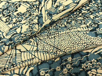 平和屋着物●上質な小紋　藍　型染め　風景文　正絹　逸品　AABH0584fy