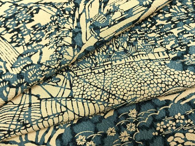 平和屋着物●上質な小紋　藍　型染め　風景文　正絹　逸品　AABH0584fy