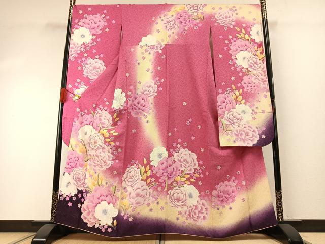 平和屋着物●豪華振袖　草花文　暈し染め　金糸　銀通し地　やまと誂製　正絹　逸品　AABH0586fy