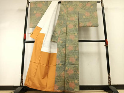 平和屋着物●上質な紬　草花文　正絹　逸品　AABH0588fy
