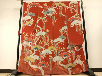平和屋着物●豪華振袖　型染め　枝松文　鬼しぼ縮緬　正絹　逸品　AABH0590fy