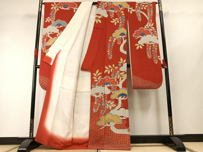 平和屋着物●豪華振袖　型染め　枝松文　鬼しぼ縮緬　正絹　逸品　AABH0590fy