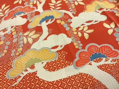平和屋着物●豪華振袖　型染め　枝松文　鬼しぼ縮緬　正絹　逸品　AABH0590fy