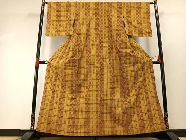 平和屋着物●本場黄八丈　市松綾織　紬　正絹　逸品　AABH0604fy