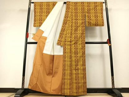 平和屋着物●本場黄八丈　市松綾織　紬　正絹　逸品　AABH0604fy