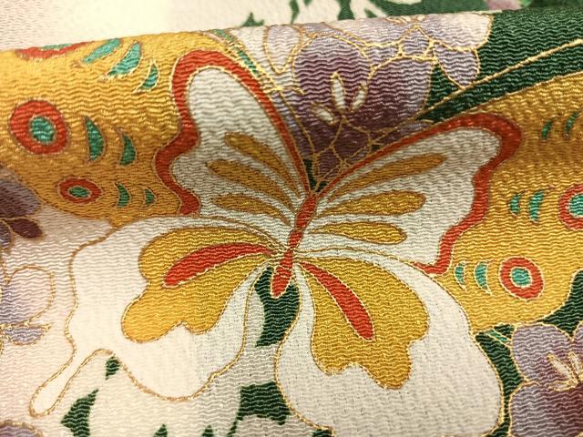 平和屋着物●訪問着　花蝶文　金彩　鬼しぼ縮緬　正絹　逸品　AABH0607fy