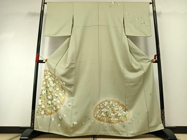 平和屋着物●訪問着　友禅　作家物　草花文　暈し染め　金彩　正絹　逸品　AABH0614fy