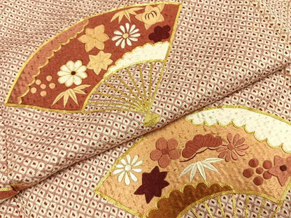 平和屋着物●訪問着　駒刺繍　総絞り　扇面花文　正絹　逸品　AABH0620fy