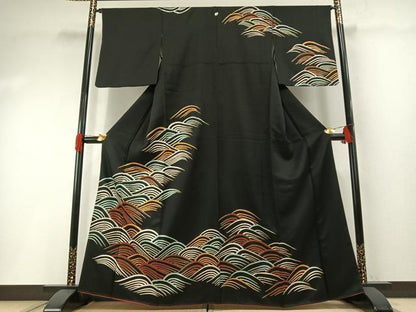 平和屋着物●訪問着　波文　黒地　金彩　正絹　逸品　AABH0625fy