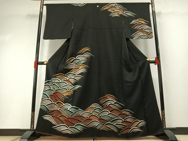 平和屋着物●訪問着　波文　黒地　金彩　正絹　逸品　AABH0625fy