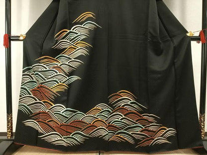 平和屋着物●訪問着　波文　黒地　金彩　正絹　逸品　AABH0625fy