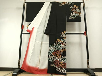 平和屋着物●訪問着　波文　黒地　金彩　正絹　逸品　AABH0625fy