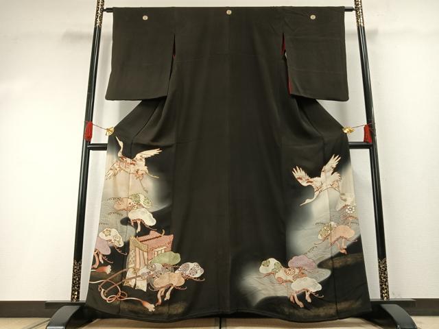 平和屋着物●アンティーク　大正ロマン　黒留袖　駒刺繍　飛鳥御所車松文　暈し染め　金彩　正絹　逸品　AABH0628fy