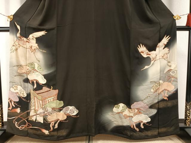 平和屋着物●アンティーク　大正ロマン　黒留袖　駒刺繍　飛鳥御所車松文　暈し染め　金彩　正絹　逸品　AABH0628fy
