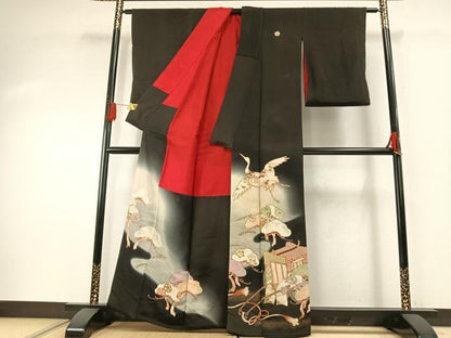平和屋着物●アンティーク　大正ロマン　黒留袖　駒刺繍　飛鳥御所車松文　暈し染め　金彩　正絹　逸品　AABH0628fy