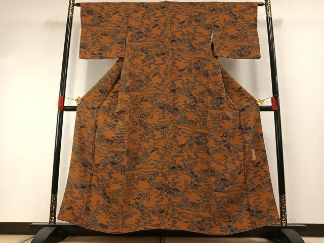 平和屋着物●宮内庁御用達　赤城右堂　小紋　型染め　風景花文　鬼しぼ縮緬　正絹　逸品　AABH0637fy