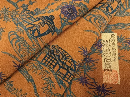 平和屋着物●宮内庁御用達　赤城右堂　小紋　型染め　風景花文　鬼しぼ縮緬　正絹　逸品　AABH0637fy