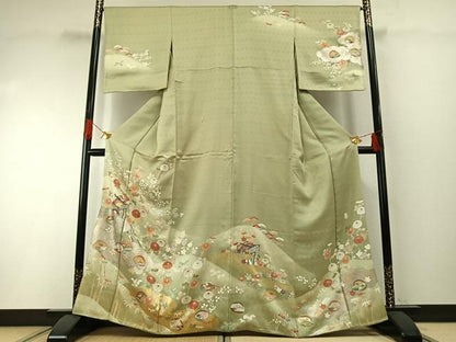 平和屋着物●訪問着　友禅　作家物　御所車花文　金銀彩　正絹　逸品　AABH0641fy