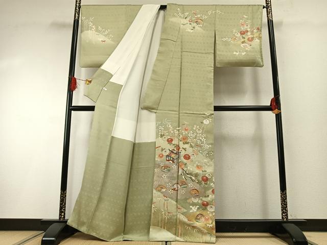 平和屋着物●訪問着　友禅　作家物　御所車花文　金銀彩　正絹　逸品　AABH0641fy