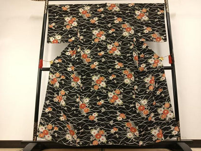 平和屋着物●上質な小紋　草花文　黒地　正絹　逸品　未使用　AABH0643fy