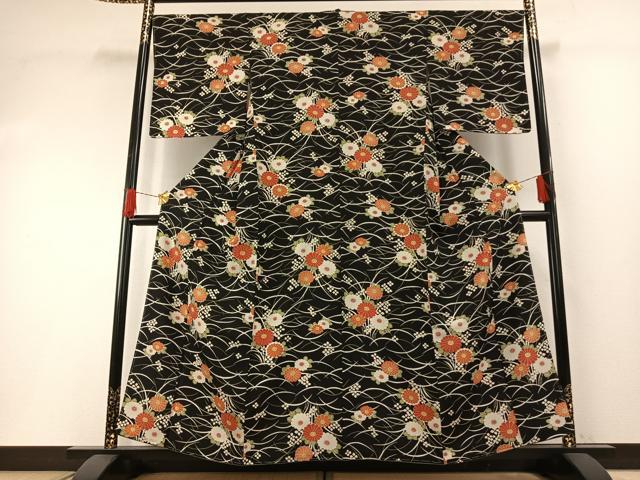 平和屋着物●上質な小紋　草花文　黒地　正絹　逸品　未使用　AABH0643fy