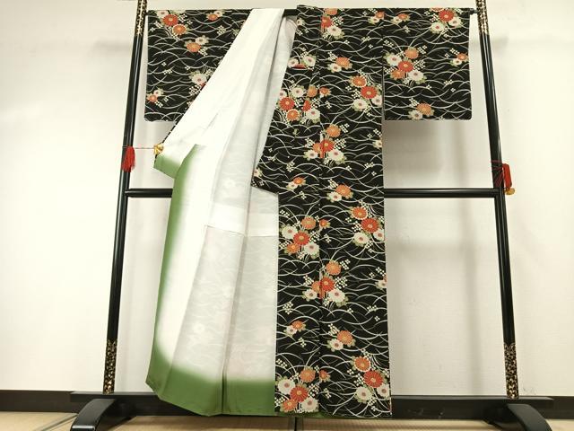 平和屋着物●上質な小紋　草花文　黒地　正絹　逸品　未使用　AABH0643fy