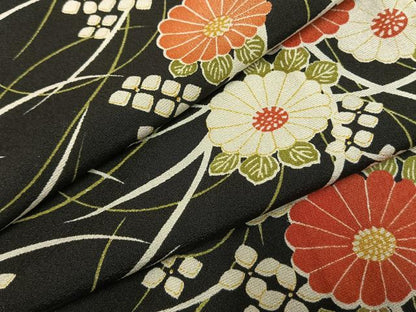 平和屋着物●上質な小紋　草花文　黒地　正絹　逸品　未使用　AABH0643fy