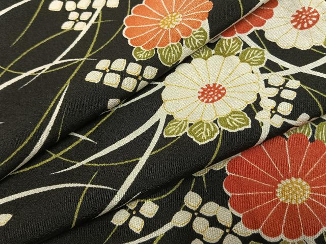 平和屋着物●上質な小紋　草花文　黒地　正絹　逸品　未使用　AABH0643fy