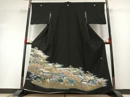 平和屋着物●豪華黒留袖　友禅　作家物　風景松文　暈し染め　金彩　正絹　逸品　AABH0650fy