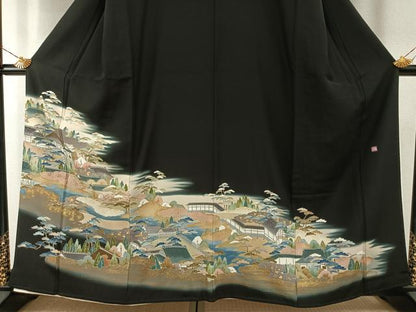 平和屋着物●豪華黒留袖　友禅　作家物　風景松文　暈し染め　金彩　正絹　逸品　AABH0650fy