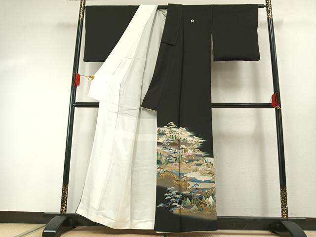 平和屋着物●豪華黒留袖　友禅　作家物　風景松文　暈し染め　金彩　正絹　逸品　AABH0650fy