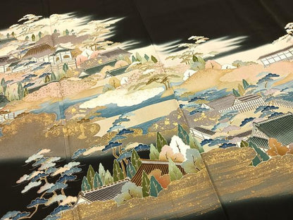 平和屋着物●豪華黒留袖　友禅　作家物　風景松文　暈し染め　金彩　正絹　逸品　AABH0650fy