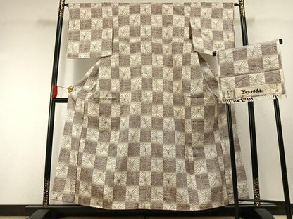 平和屋着物●工芸本真綿紬　蒔絵織　市松文様　反端付き　正絹　逸品　未使用　AABH0654fy
