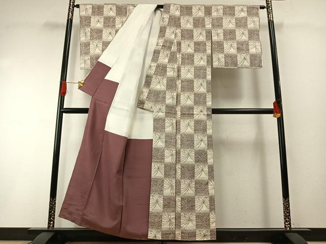平和屋着物●工芸本真綿紬　蒔絵織　市松文様　反端付き　正絹　逸品　未使用　AABH0654fy